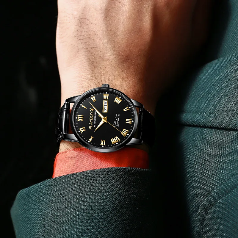 Playboy, Extra Thin Collection Mechanical Movement Leather Strap Watch Men's Watches Black Dial-7