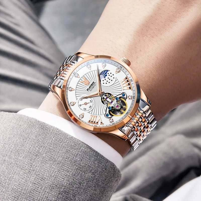 Playboy Mechanical Movement Stainless Steel Watchband Watch Men's Watches Black Dial-13