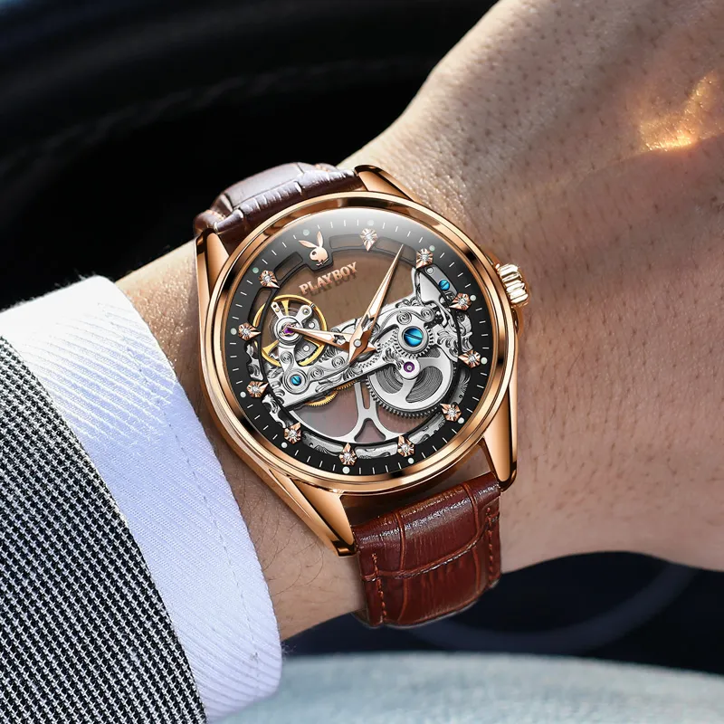 Playboy Mechanical Movement PU Strap Watch Men's Watches Cut Out Dial-10