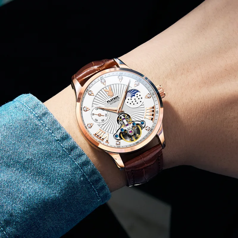 Playboy Mechanical Movement Leather Strap Watch Men's Watches Black Dial-13
