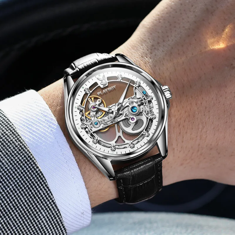 Playboy Mechanical Movement PU Strap Watch Men's Watches Cut Out Dial-6