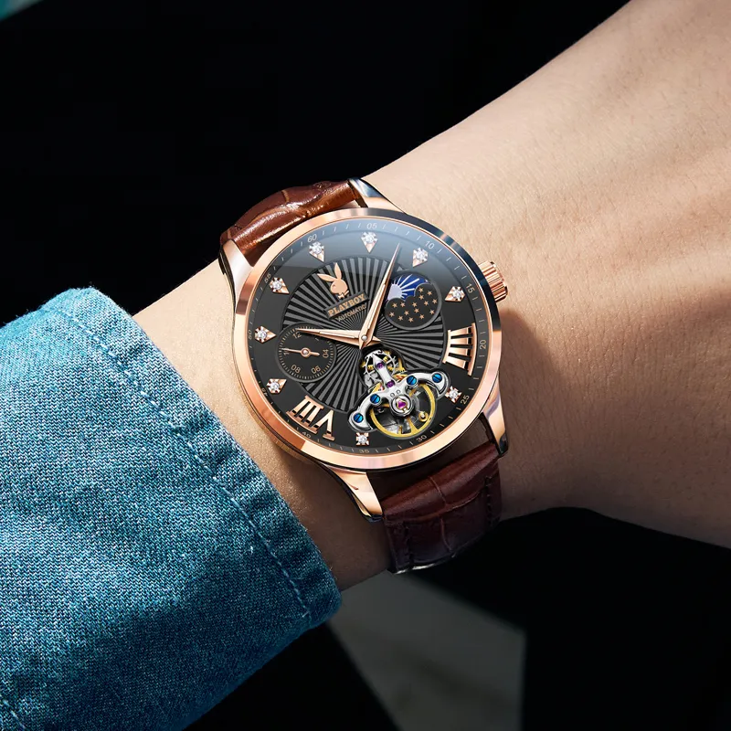 Playboy Mechanical Movement Leather Strap Watch Men's Watches Black Dial-17
