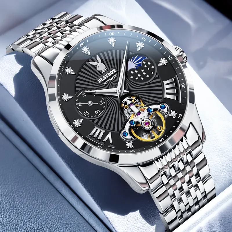 Playboy Mechanical Movement Stainless Steel Watchband Watch Men's Watches Black Dial-1
