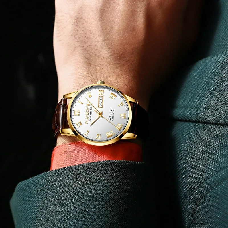 Playboy, Extra Thin Collection Mechanical Movement Leather Strap Watch Men's Watches Black Dial-14