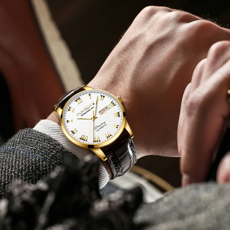 Playboy, Extra Thin Collection Mechanical Movement Leather Strap Watch Men's Watches Black Dial-12