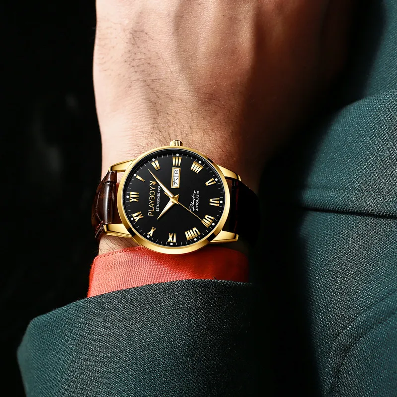 Playboy, Extra Thin Collection Mechanical Movement Leather Strap Watch Men's Watches Black Dial-4