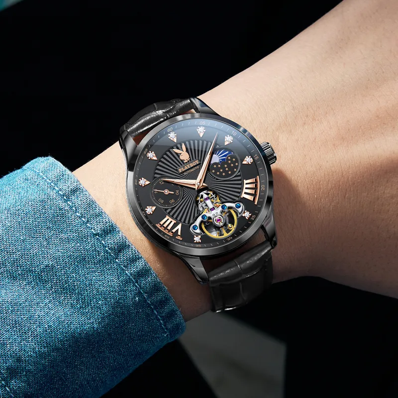 Playboy Mechanical Movement Leather Strap Watch Men's Watches Black Dial-8