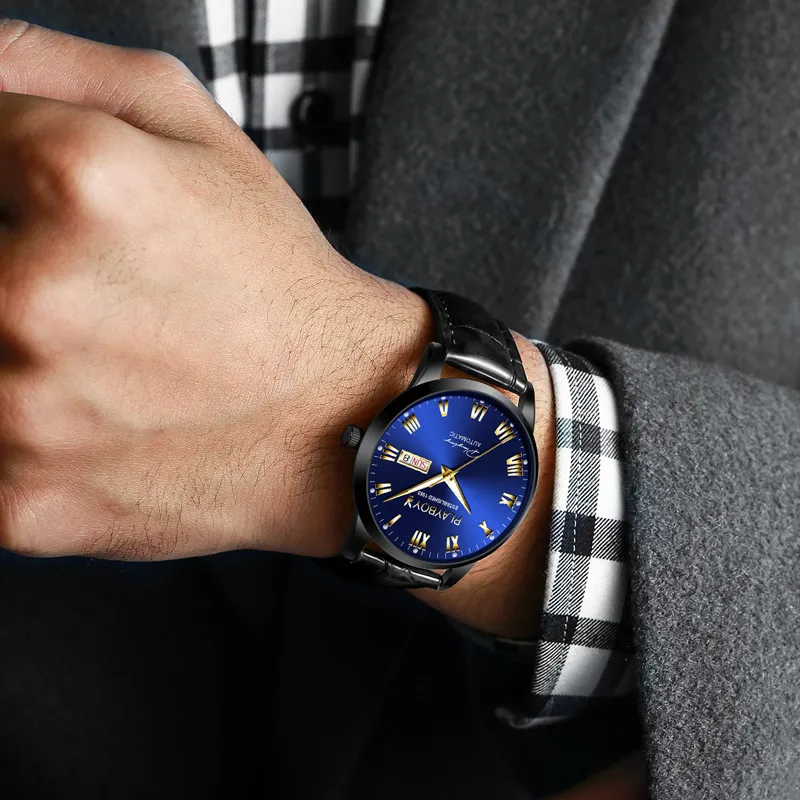 Playboy, Extra Thin Collection Mechanical Movement Leather Strap Watch Men's Watches Black Dial-17