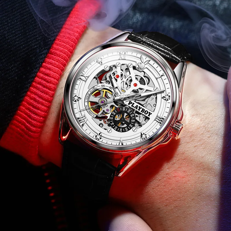 Playboy, Explorer Collection Mechanical Movement Leather Strap Watch Men's Watches White Dial-3