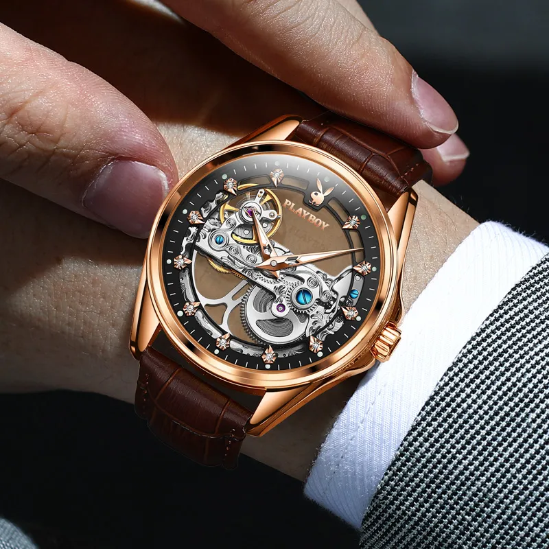 Playboy Mechanical Movement PU Strap Watch Men's Watches Cut Out Dial-9