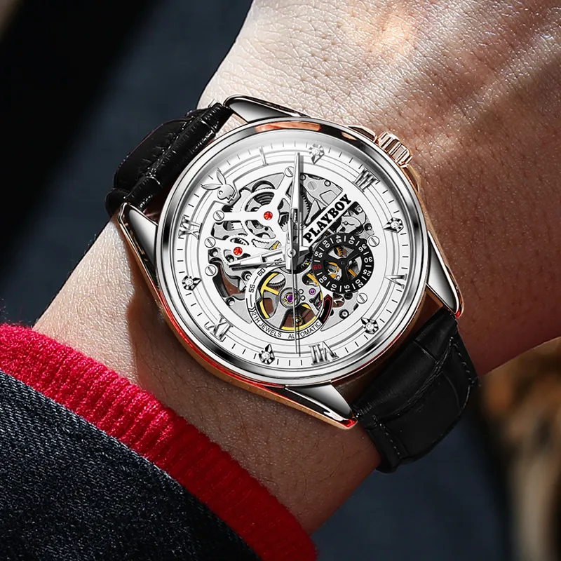 Playboy, Explorer Collection Mechanical Movement Leather Strap Watch Men's Watches White Dial-2