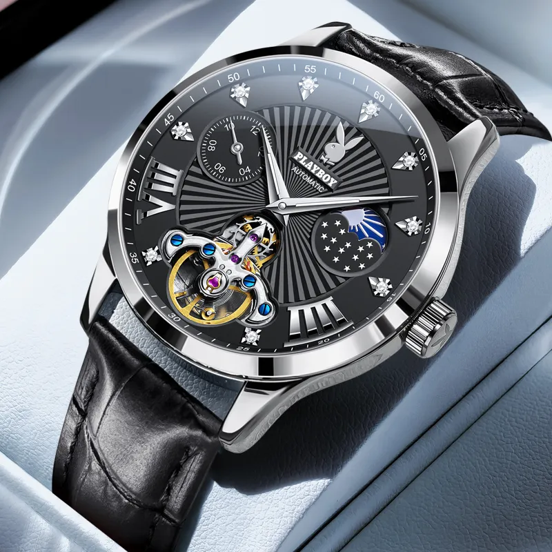 Playboy Mechanical Movement Leather Strap Watch Men's Watches Black Dial-1
