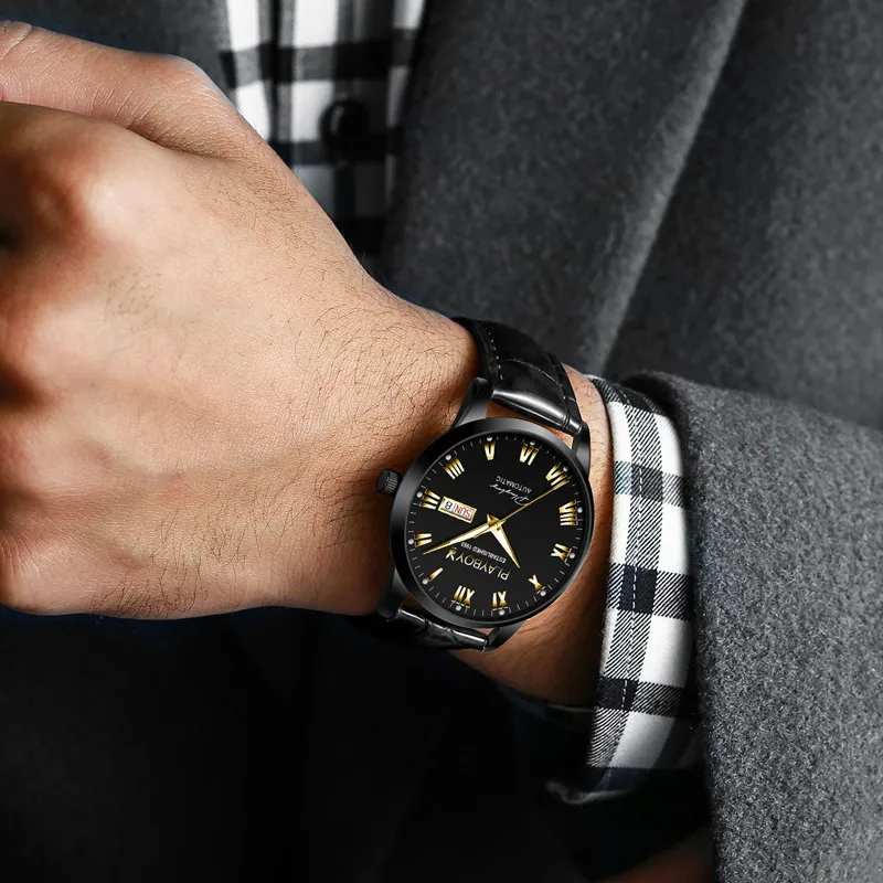 Playboy, Extra Thin Collection Mechanical Movement Leather Strap Watch Men's Watches Black Dial-9