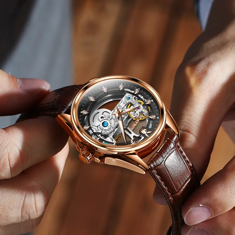 Playboy Mechanical Movement PU Strap Watch Men's Watches Cut Out Dial-11