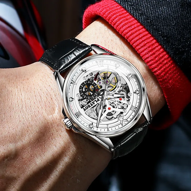 Playboy, Explorer Collection Mechanical Movement Leather Strap Watch Men's Watches White Dial-4