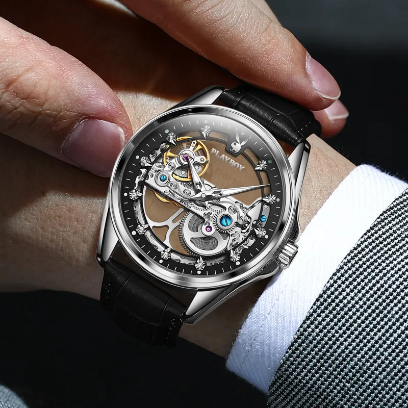 Playboy Mechanical Movement PU Strap Watch Men's Watches Cut Out Dial-1