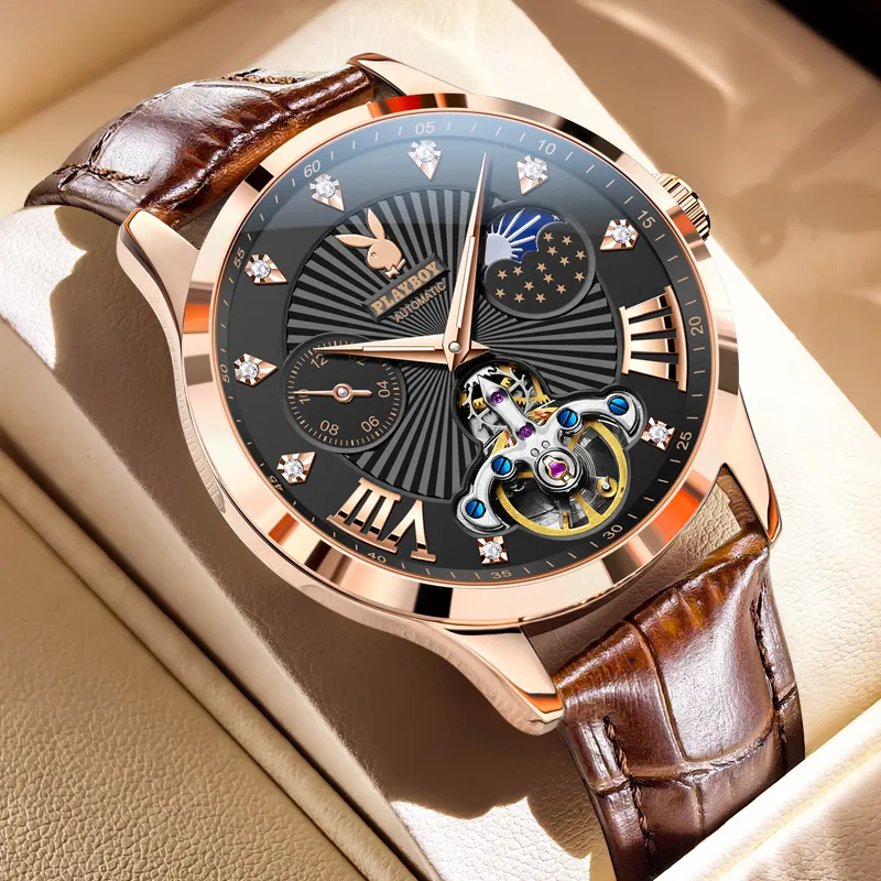 Playboy Mechanical Movement Leather Strap Watch Men's Watches Black Dial-18