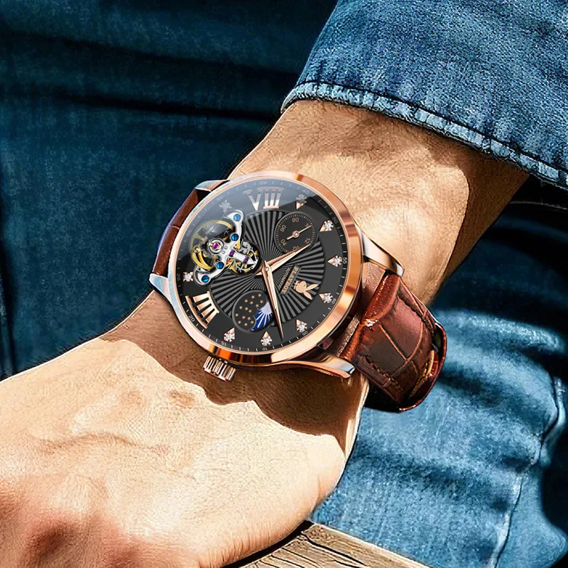 Playboy Mechanical Movement Leather Strap Watch Men's Watches Black Dial-15