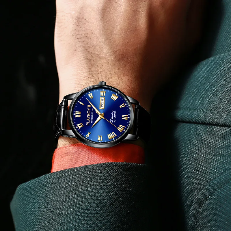Playboy, Extra Thin Collection Mechanical Movement Leather Strap Watch Men's Watches Black Dial-19