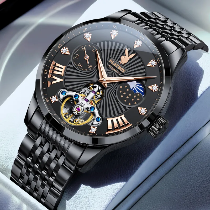 Playboy Mechanical Movement Stainless Steel Watchband Watch Men's Watches Black Dial-6