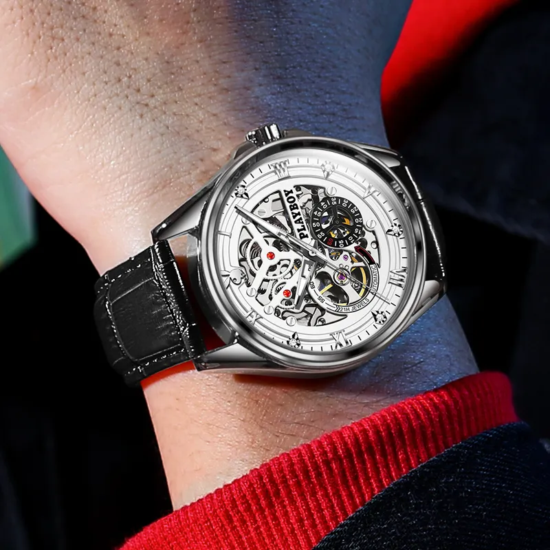 Playboy, Explorer Collection Mechanical Movement Leather Strap Watch Men's Watches White Dial-5