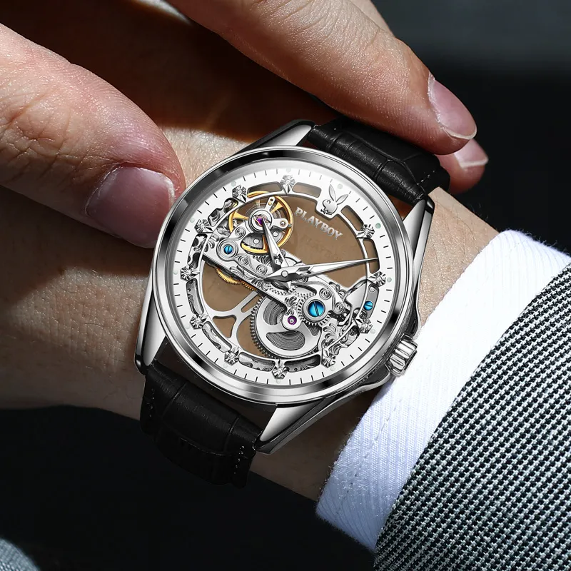 Playboy Mechanical Movement PU Strap Watch Men's Watches Cut Out Dial-5