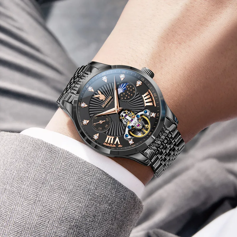 Playboy Mechanical Movement Stainless Steel Watchband Watch Men's Watches Black Dial-9