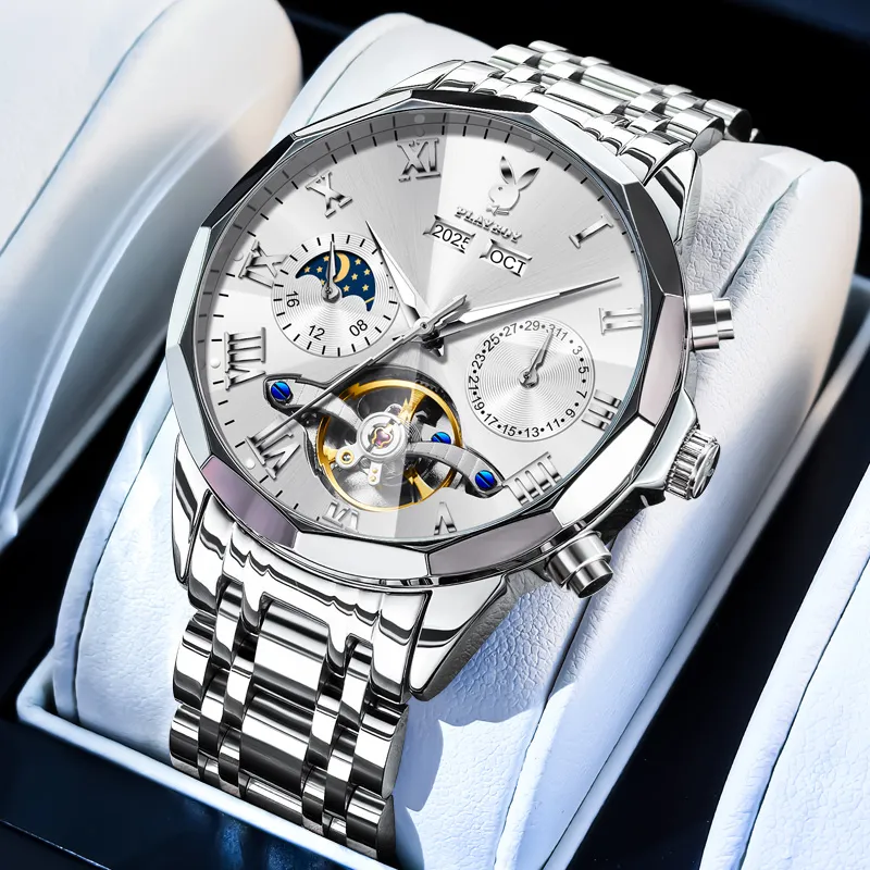 Playboy Explorer Collection Mechanical Movement Stainless Steel Watchband Watch Men's Watches Black Dial-7