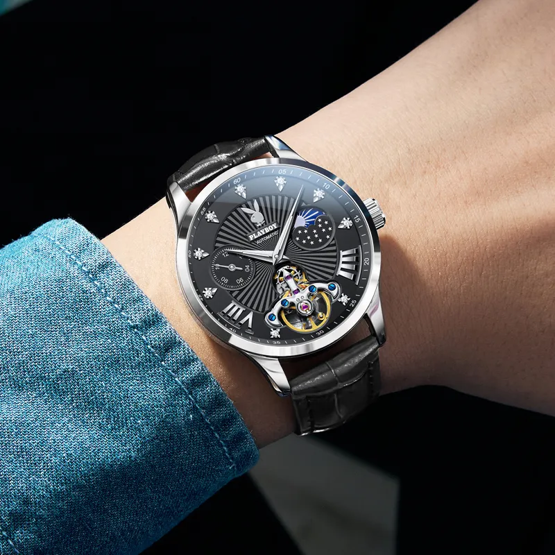 Playboy Mechanical Movement Leather Strap Watch Men's Watches Black Dial-4
