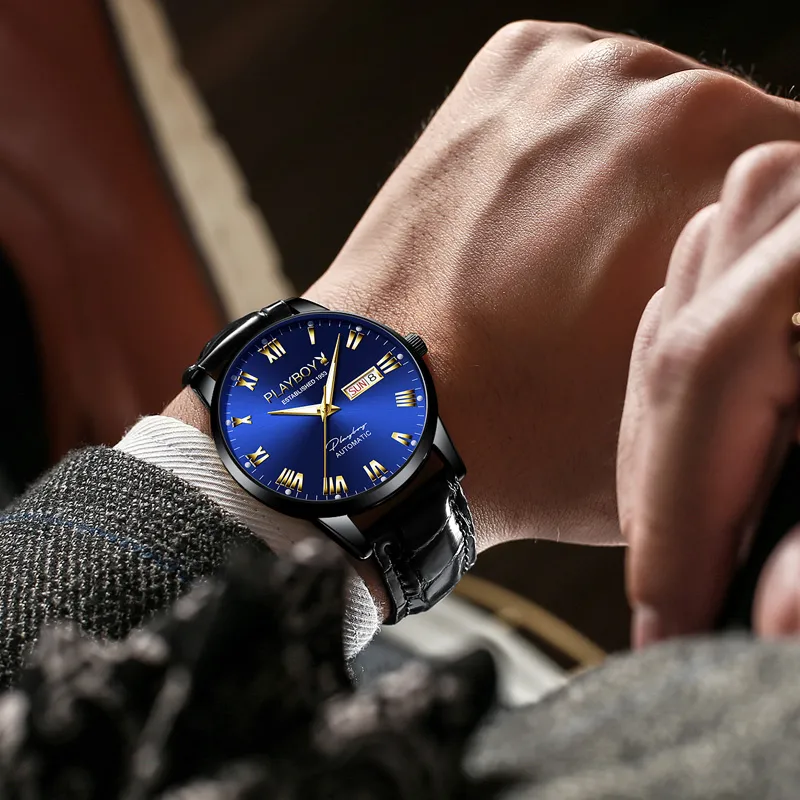 Playboy, Extra Thin Collection Mechanical Movement Leather Strap Watch Men's Watches Black Dial-18