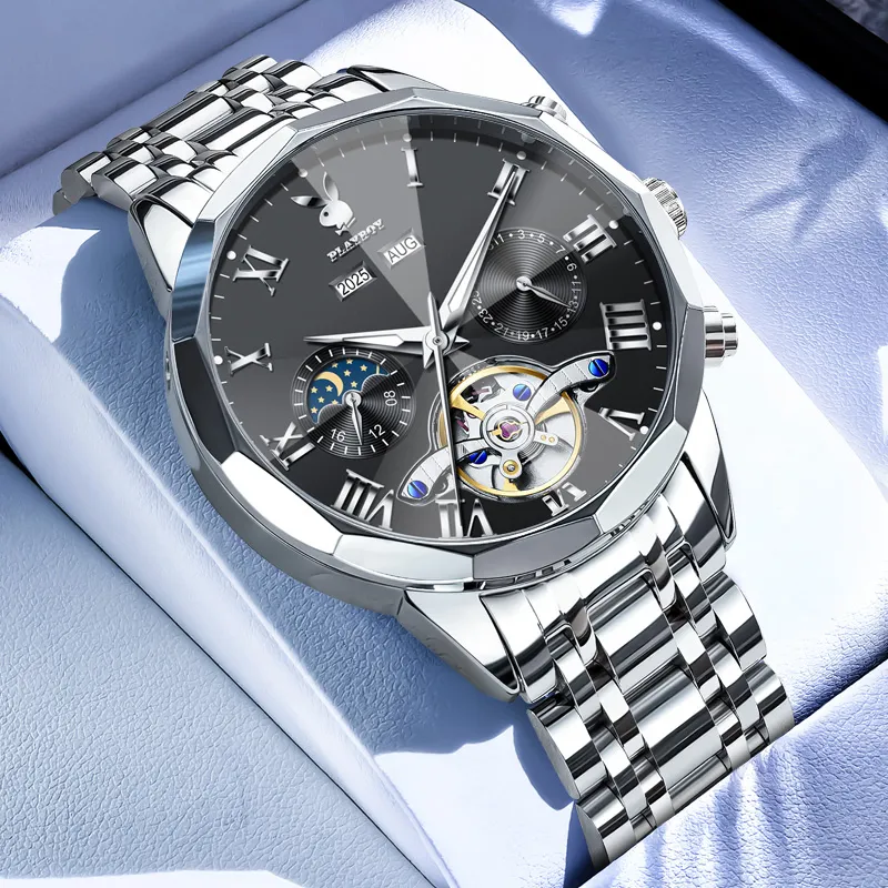 Playboy Explorer Collection Mechanical Movement Stainless Steel Watchband Watch Men's Watches Black Dial-1