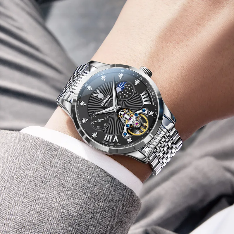 Playboy Mechanical Movement Stainless Steel Watchband Watch Men's Watches Black Dial-4