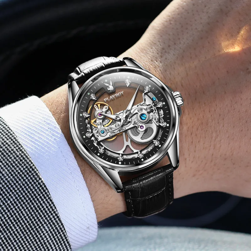 Playboy Mechanical Movement PU Strap Watch Men's Watches Cut Out Dial-2