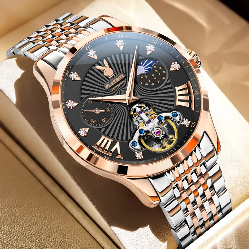 Playboy Mechanical Movement Stainless Steel Watchband Watch Men's Watches Black Dial-18
