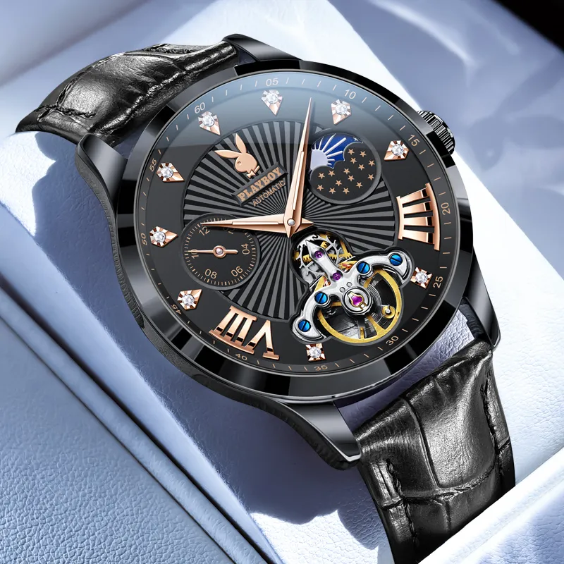 Playboy Mechanical Movement Leather Strap Watch Men's Watches Black Dial-6