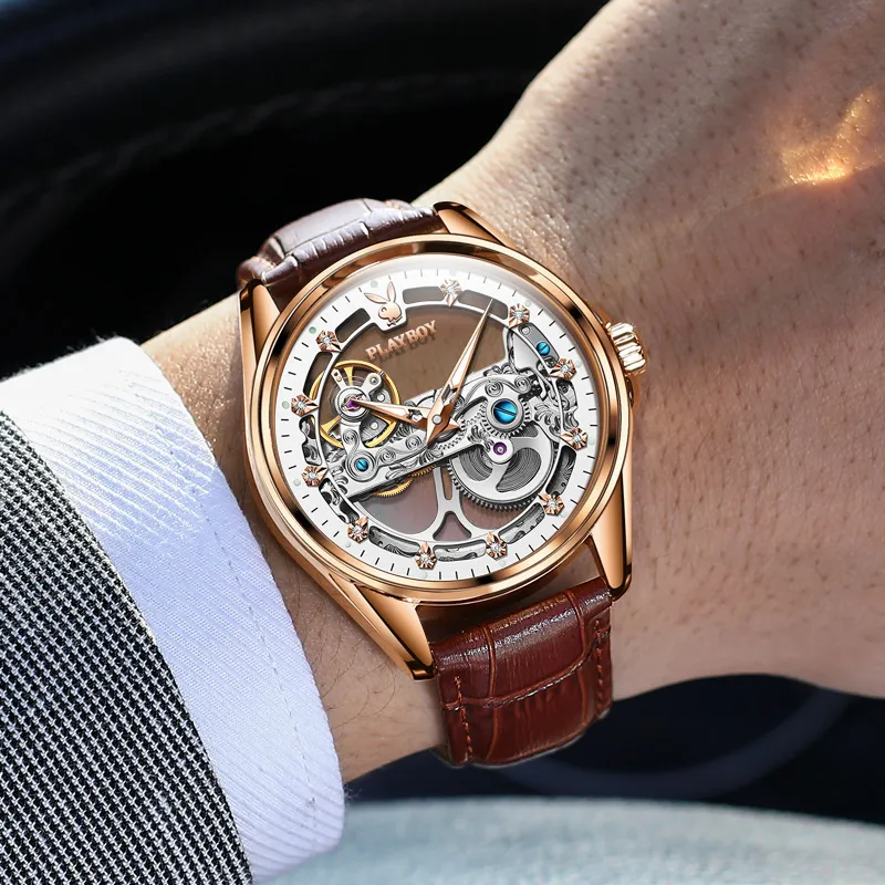 Playboy Mechanical Movement PU Strap Watch Men's Watches Cut Out Dial-14