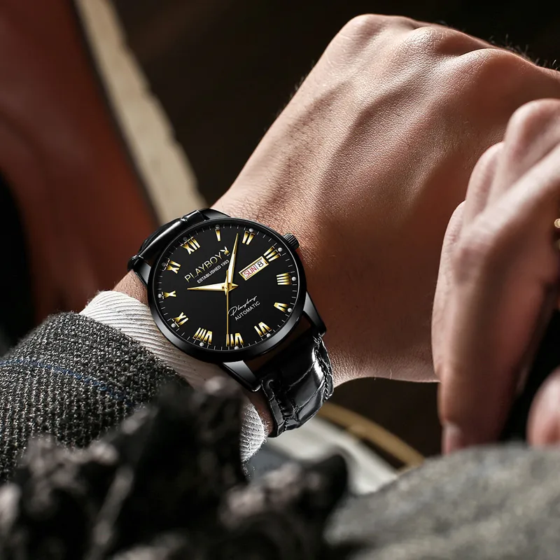 Playboy, Extra Thin Collection Mechanical Movement Leather Strap Watch Men's Watches Black Dial-8