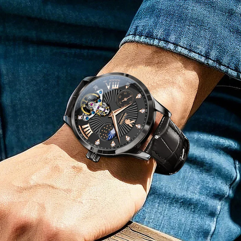 Playboy Mechanical Movement Leather Strap Watch Men's Watches Black Dial-9