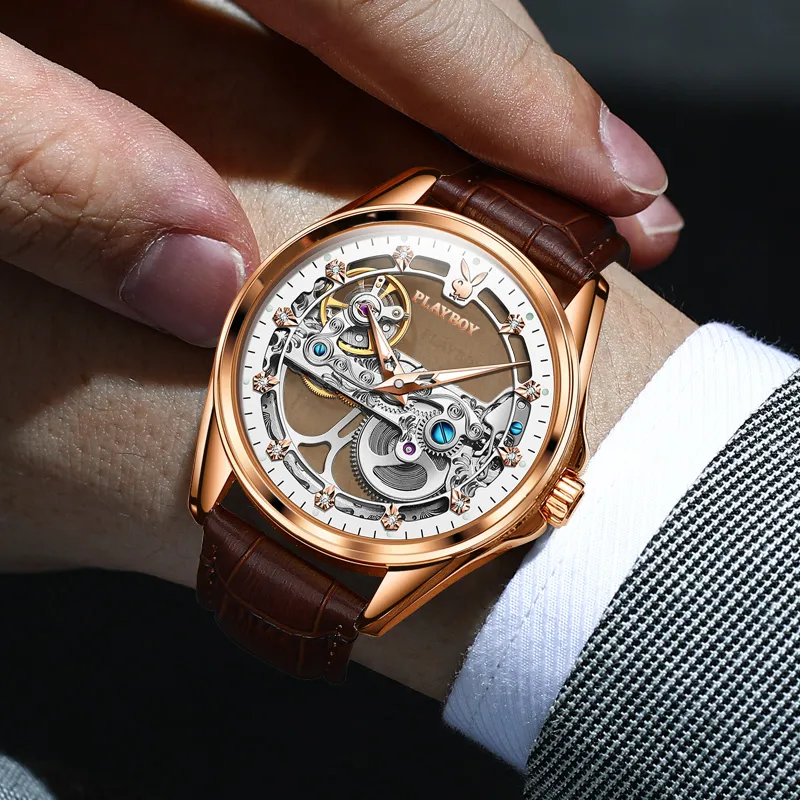 Playboy Mechanical Movement PU Strap Watch Men's Watches Cut Out Dial-13