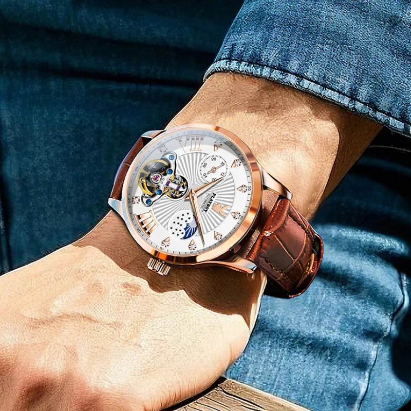 Playboy Mechanical Movement Leather Strap Watch Men's Watches Black Dial-11