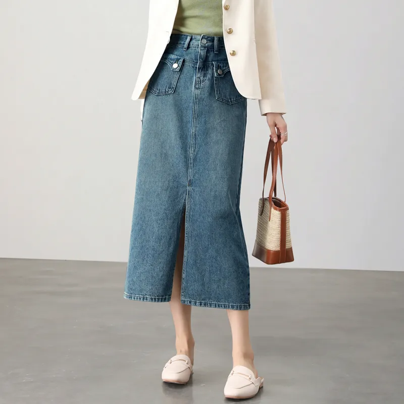 HIPPIEMISS Denim Long Skirts Women's Vintage Blue-2