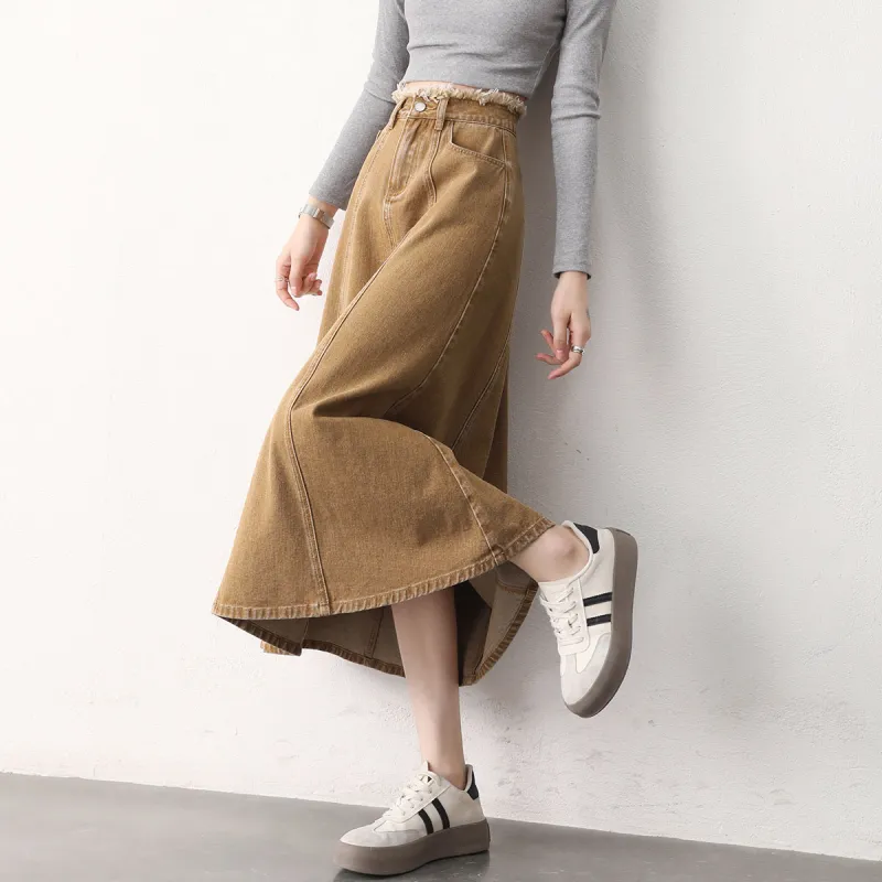 HIPPIEMISS Denim Long Skirts Women's Brown-5