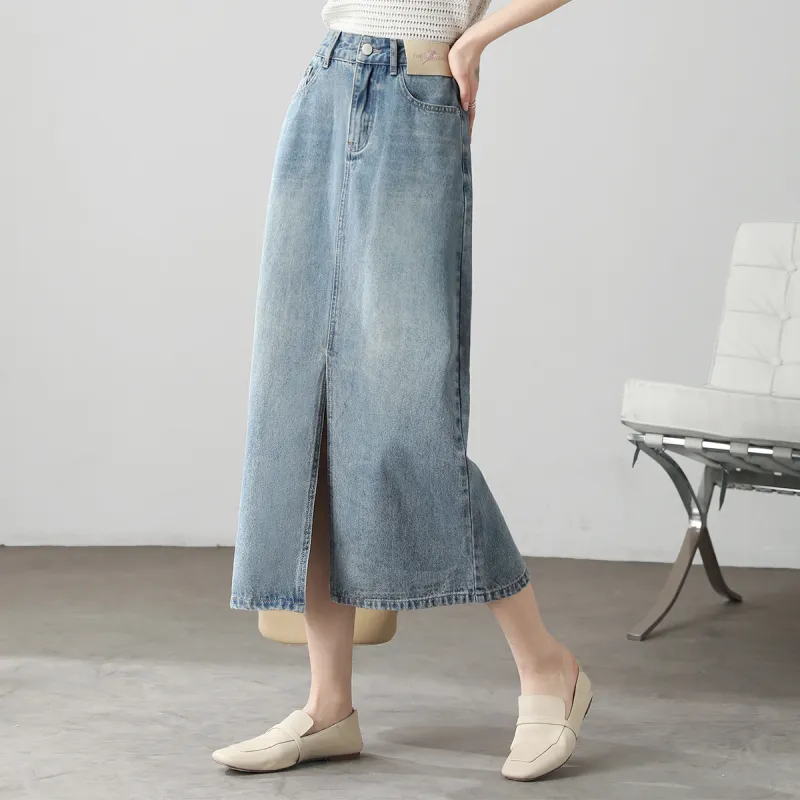 HIPPIEMISS Denim Long Skirts Women's Light Blue-4