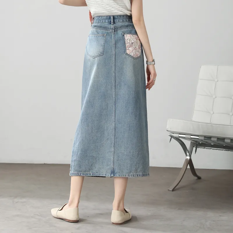 HIPPIEMISS Denim Long Skirts Women's Light Blue-3