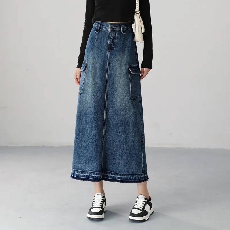 HIPPIEMISS Denim Long Skirts Women's Vintage Blue-2