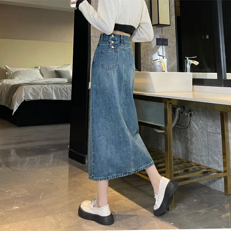 HIPPIEMISS Denim Long Skirts Women's Vintage Blue-6