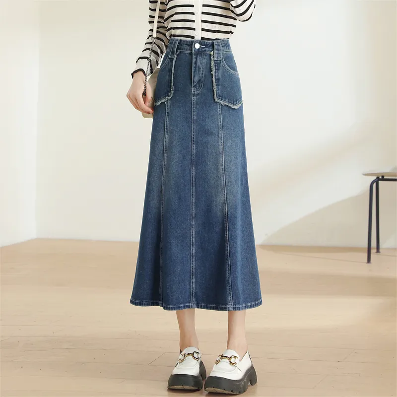 HIPPIEMISS Denim Long Skirts Women's Vintage Blue-4