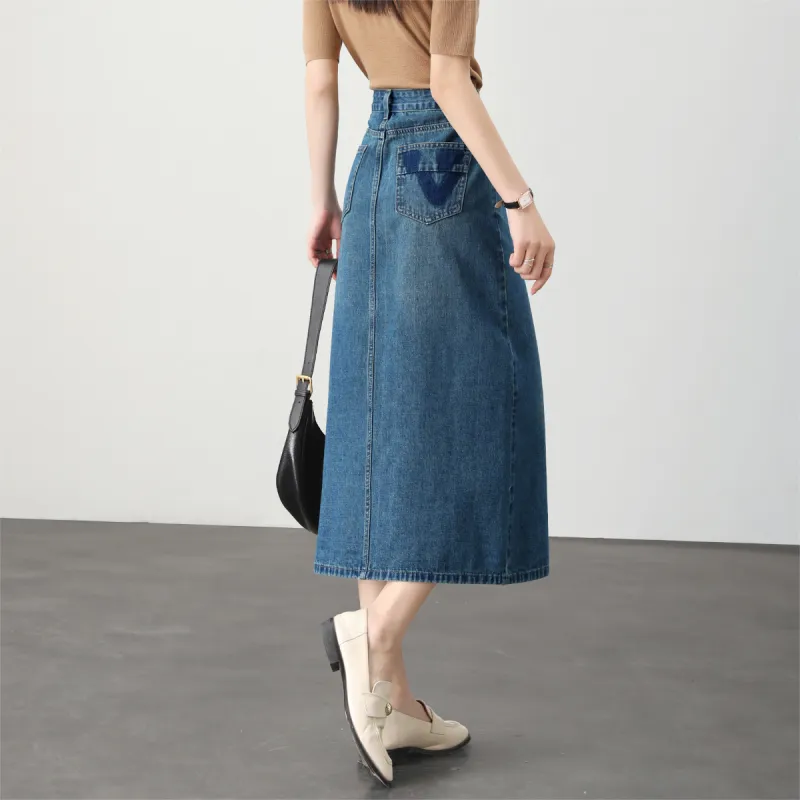 HIPPIEMISS Denim Long Skirt Women's Vintage Blue-7