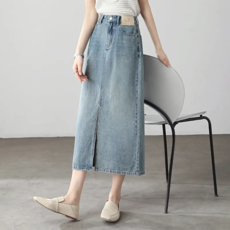 HIPPIEMISS Denim Long Skirts Women's Light Blue-8