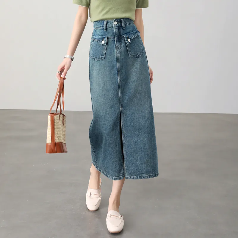 HIPPIEMISS Denim Long Skirts Women's Vintage Blue-4